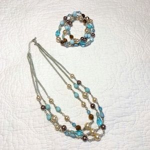 Beaded 3-Strand Necklace with 3 Bracelets Set